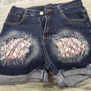 Girls' Dark Blue Denim Shorts with Baseball Patch